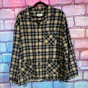 GLOBAL Large Plaid Cotton Flannel Shirt Sleepwear Pajama Top Lounge Vintage Tan